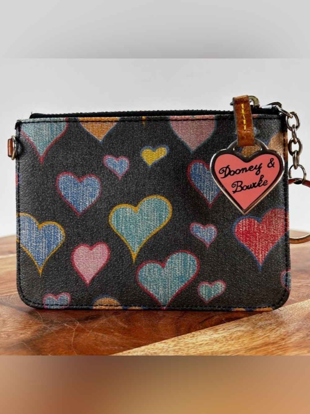 Dooney & Bourke Black Multicolor Heart Zip Wristlet
